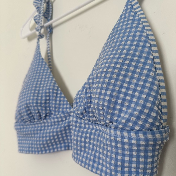 AERIE seersucker ruffle longline triangle bikini top plaid blue and white Size S - Picture 4 of 10